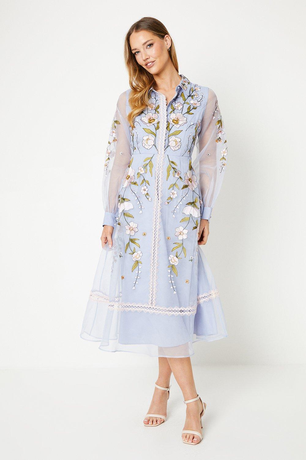 Embroidered Organza Lace Trim Shirt Dress - Pale Blue